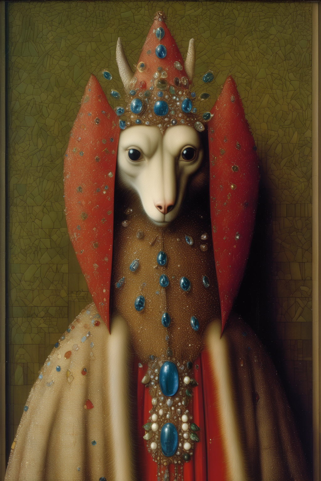 00439-4090154680-_lora_Jan van Eyck Style_1_Jan van Eyck Style - Jan Van Eyck depicting a mystical creature adorned in jewels and fine clothing.png